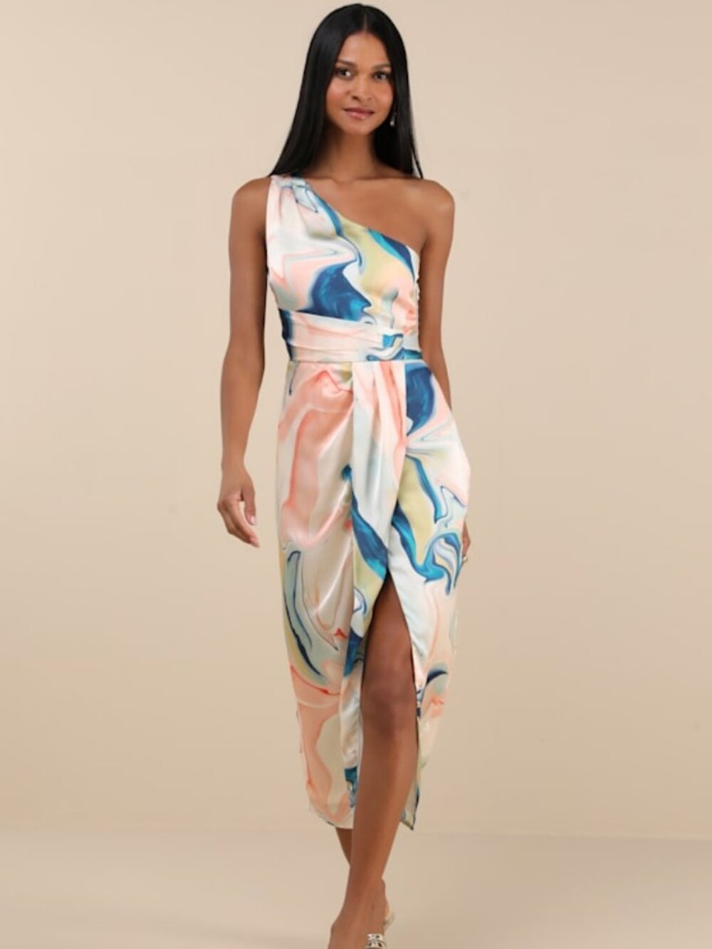 Lulus Rhema White Multi Abstract Print Satin Midi Dress - Size S